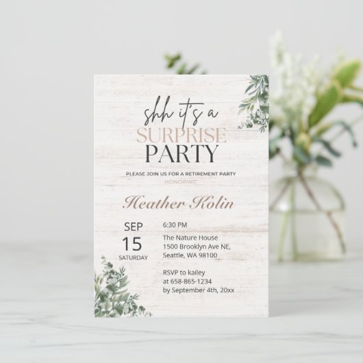 Invitation Rustic Botanical Surprise Retraite Party (Debout devant)
