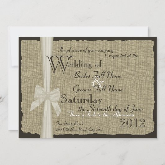 Invitation Rustic Bow et Burlap Mariage 7,5 po. (Devant)