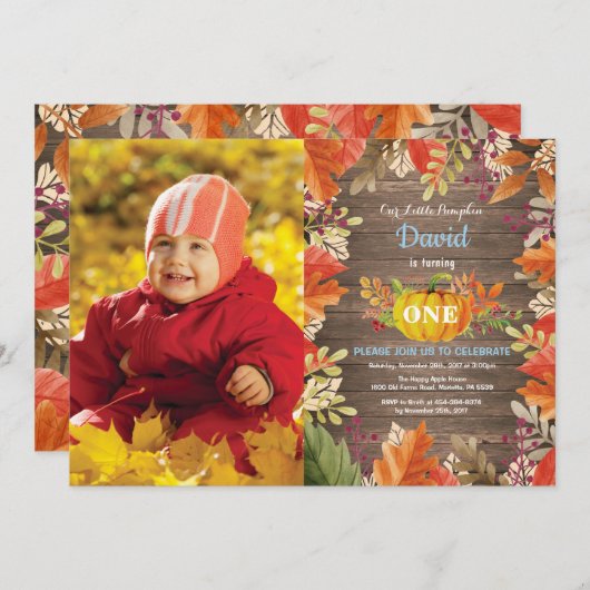 Invitation Rustic Boy Citrouille Automne Anniversaire Invitat (Devant / Derrière)