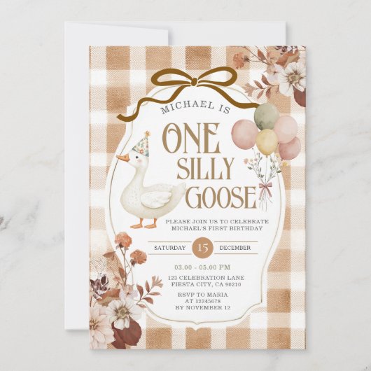 Invitation Rustic Brown Gingham One Silly Goose Birthday  (Devant)
