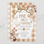 Invitation Rustic Brown Gingham One Silly Goose Birthday  (Devant / Derrière)