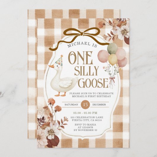 Invitation Rustic Brown Gingham One Silly Goose Birthday  (Devant / Derrière)