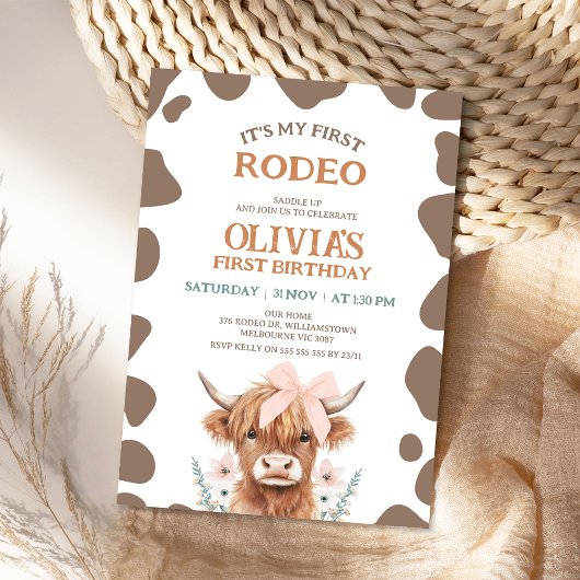 Invitation Rustic Brown Highland Cow First Rodeo 1st Birthday