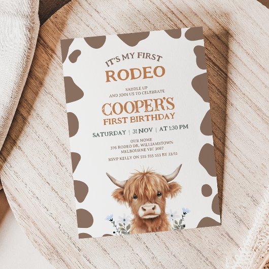 Invitation Rustic Brown Highland Cow First Rodeo Birthday