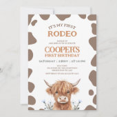 Invitation Rustic Brown Highland Cow First Rodeo Birthday (Devant)