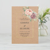 Invitation Rustic brown paper coral pink mint floral wedding (Debout devant)