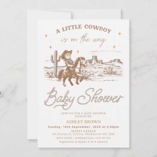 Invitation Rustic Brown Western Little Cowboy Baby Shower (Devant)