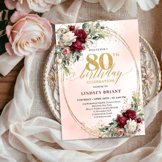 Invitation Rustic Burgundy Boho Flowers 80th Birthday Invites