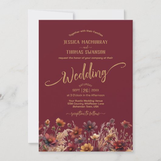 Invitation Rustic Burgundy Boho Wildflowers Elegant Wedding (Devant)