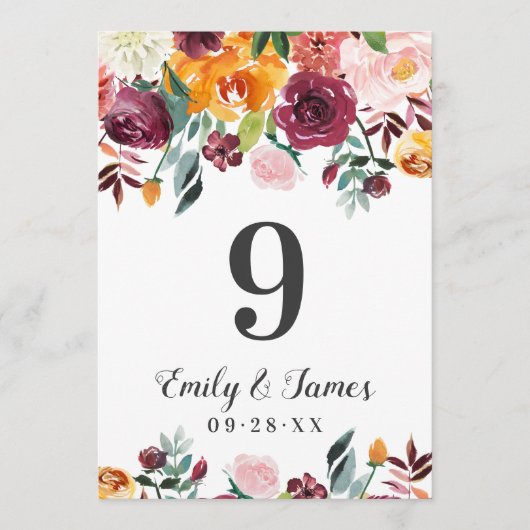 Invitation Rustic Burgundy Fall Floral Mariage Numéro de tabl (Devant)