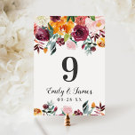 Invitation Rustic Burgundy Fall Floral Mariage Numéro de tabl<br><div class="desc">Les cartes de numéro de table de mariage de style romantique rustique comprennent un monogramme et un numéro encadrés par une aquarelle fleurie d'été et d'automne avec de beaux roses, dahlias, des fleurs de pivoine et de la verdure, dans une magnifique palette automnale de rouge bordeaux, jaune doré, orange pêche,...</div>