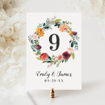 Invitation Rustic Burgundy Fall Floral Mariage Numéro de tabl<br><div class="desc">Les cartes de numéro de table mariage de style romantique rustique comprennent des numéros encadrés par une couronne d'aquarelle fleurie d'été et d'automne avec de beaux roses, dahlias, des fleurs de pivoines et de la verdure, dans une magnifique palette automnale de rouge bordeaux, jaune doré, orange pêche, rose roux et...</div>