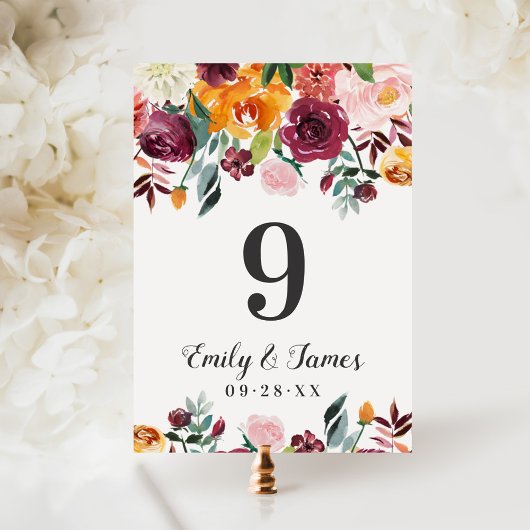 Invitation Rustic Burgundy Fall Floral Mariage Numéro de tabl