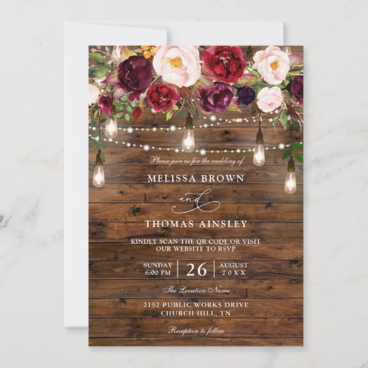 Invitation Rustic Burgundy Floral Budget QR Code Wedding (Devant)