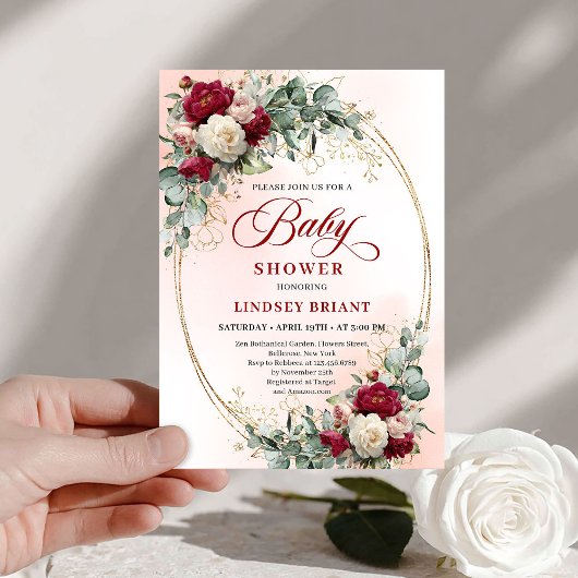 Invitation Rustic Burgundy Peony Gold Baby Shower Invite