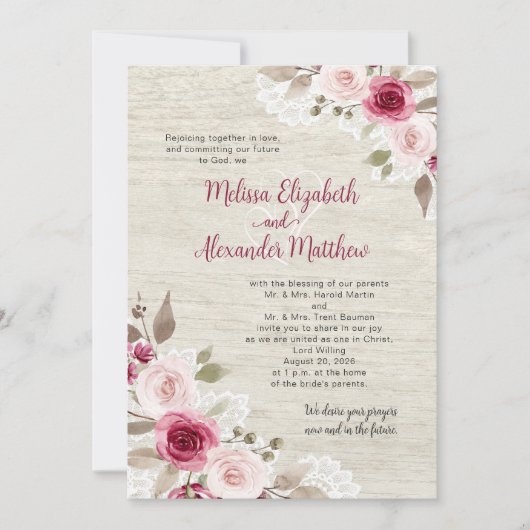 Invitation Rustic Burgundy Watercolor Floral Lace Wedding (Devant)