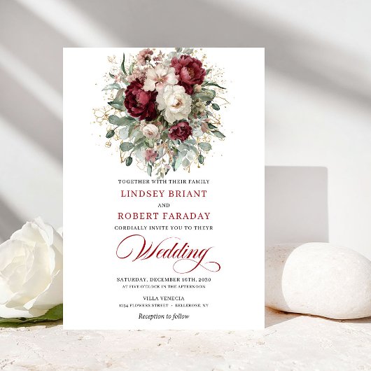 Invitation Rustic Burgundy White Floral Eucalyptus Gold Weddi