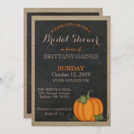 Invitation Rustic Burlap Chalkboard Orange Citrouille Douche (Devant / Derrière)