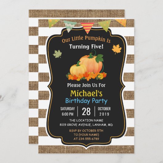 Invitation Rustic Burlap Citrouille Fall Fête d'anniversaire  (Devant / Derrière)