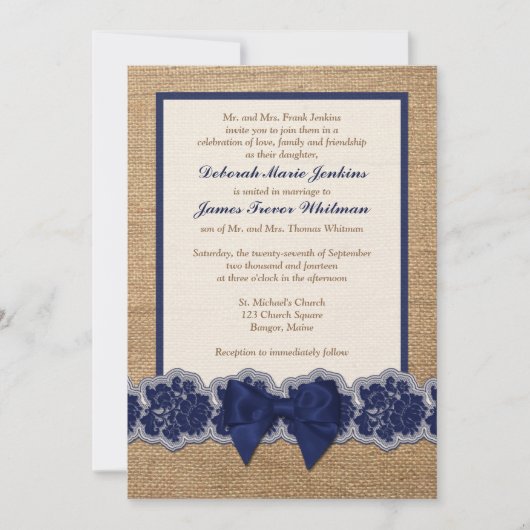 Invitation Rustic Burlap, Dentelle IMPRIMÉE, Mariage de Bow I (Devant)