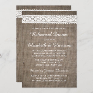Invitation Rustic Burlap, Dîner de répétition Mariage à dente