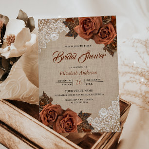 Invitation Rustic Burlap Dusty Terracotta Rose Bridal Shower
