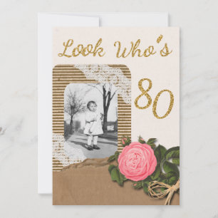 Invitation Rustic Burlap et Rose dentelle 80e anniversaire In