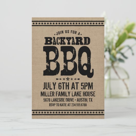 Invitation Rustic Burlap Jardin BBQ Party (Debout devant)