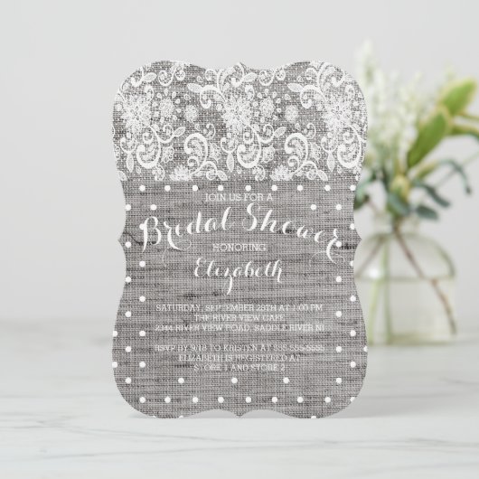 Invitation Rustic Burlap Lace Grey (Debout devant)