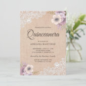 Invitation Rustic Burlap Lace Pink Floral Quinceanera (Debout devant)
