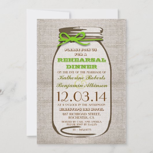 Invitation Rustic Burlap Mason Jar Dîner de répétition (Devant)