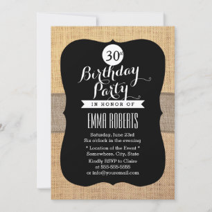 Invitation Rustic Burlap Ruban 30e fête d'anniversaire