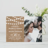 Invitation Rustic Burlap String Lumières Mariage photo (Debout devant)