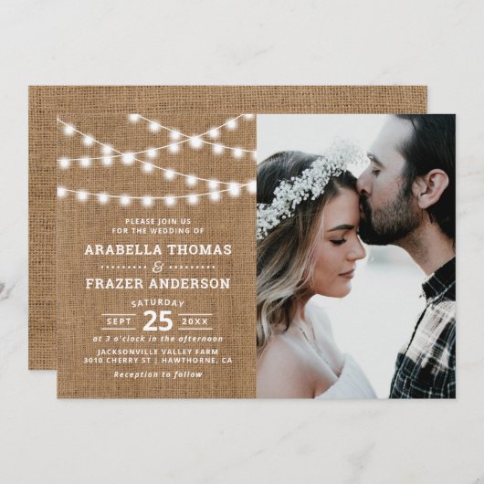 Invitation Rustic Burlap String Lumières Mariage photo (Devant / Derrière)