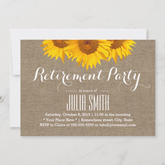 Invitation Rustic Burlap Sunflower Parti de retraite (Devant)