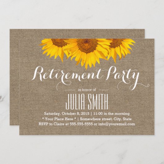 Invitation Rustic Burlap Sunflower Parti de retraite (Devant / Derrière)