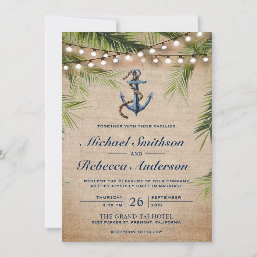 Invitation Rustic Burlap Tropical Palm Feuille Ancre Mariage (Devant)