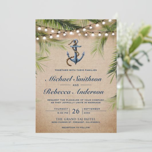 Invitation Rustic Burlap Tropical Palm Feuille Ancre Mariage (Debout devant)