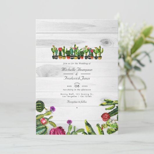 Invitation Rustic Cactus Succulents QR Code RSVP Mariage (Debout devant)