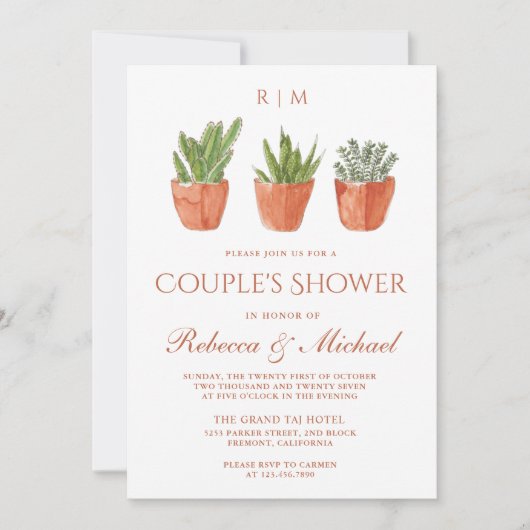 Invitation Rustic Cactus Terracotta Pots Douche Couple (Devant)