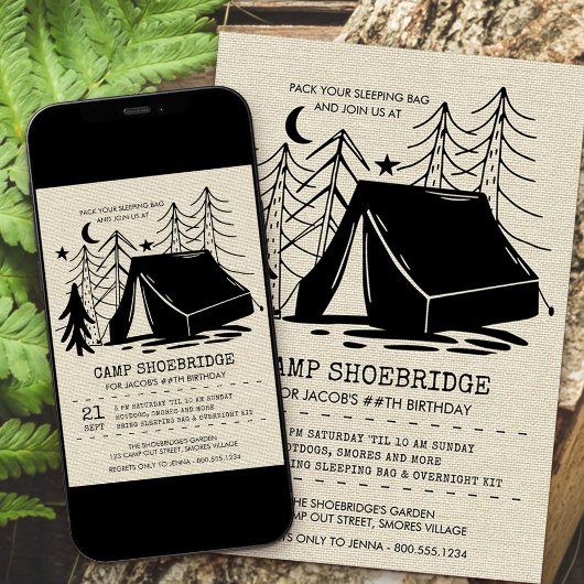 Invitation Rustic Camp Out Camping Silhouette Anniversaire