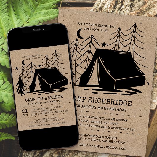 Invitation Rustic Camp Out Doodle Art Camping Anniversaire
