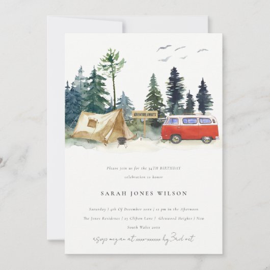Invitation Rustic Camping Aquarelle Pine Forest Anniversaire (Devant)