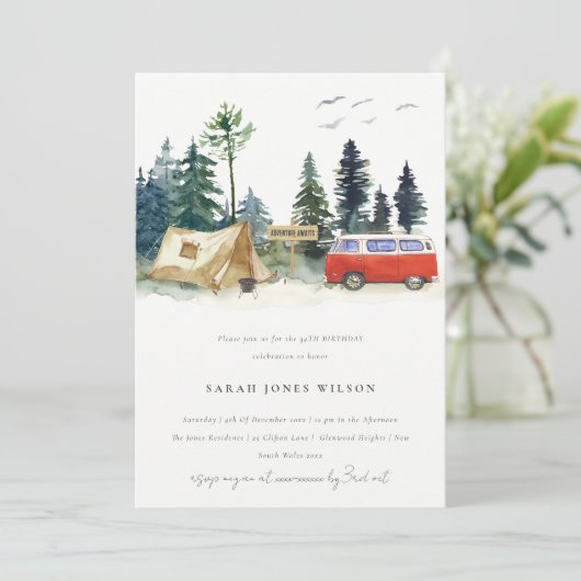 Invitation Rustic Camping Aquarelle Pine Forest Anniversaire (Debout devant)