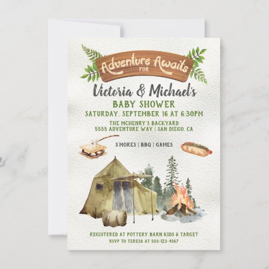 Invitation Rustic Camping Tente Baby shower d'aventure (Devant)