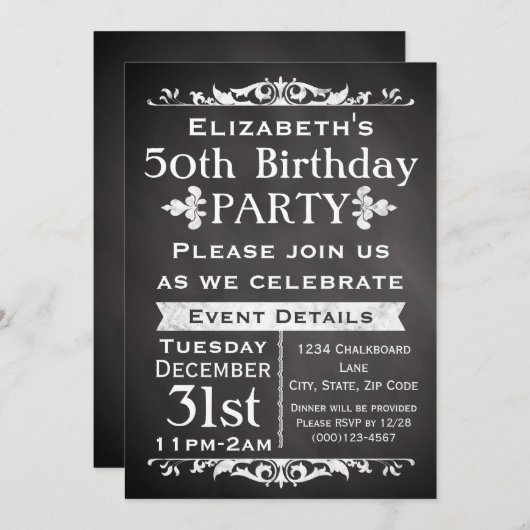 Invitation Rustic Chalkboard Ardoise 50e fête d'anniversaire (Devant / Derrière)