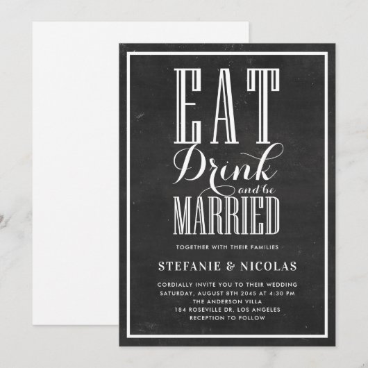 Invitation Rustic Chalkboard Manger Boire et être marié Maria (Devant / Derrière)