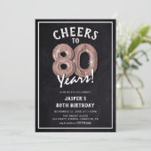 Invitation Rustic Chalkboard Rose Gold Balloons 80e anniversa (Debout devant)
