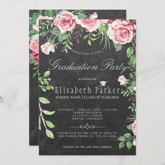 Invitation Rustic Chalkboard Rose Roses Partie de graduation (Devant / Derrière)