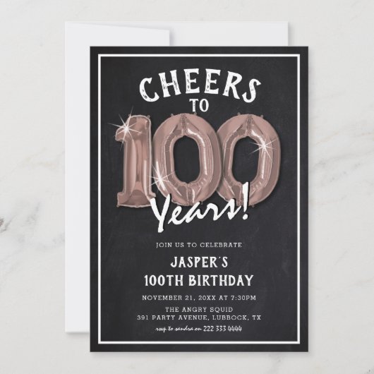 Invitation Rustic Chalkboard RoseGold Balloons 100e anniversa (Devant)